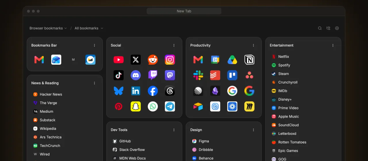 Bookmark folders shown as cards on the new tab page, in dark mode