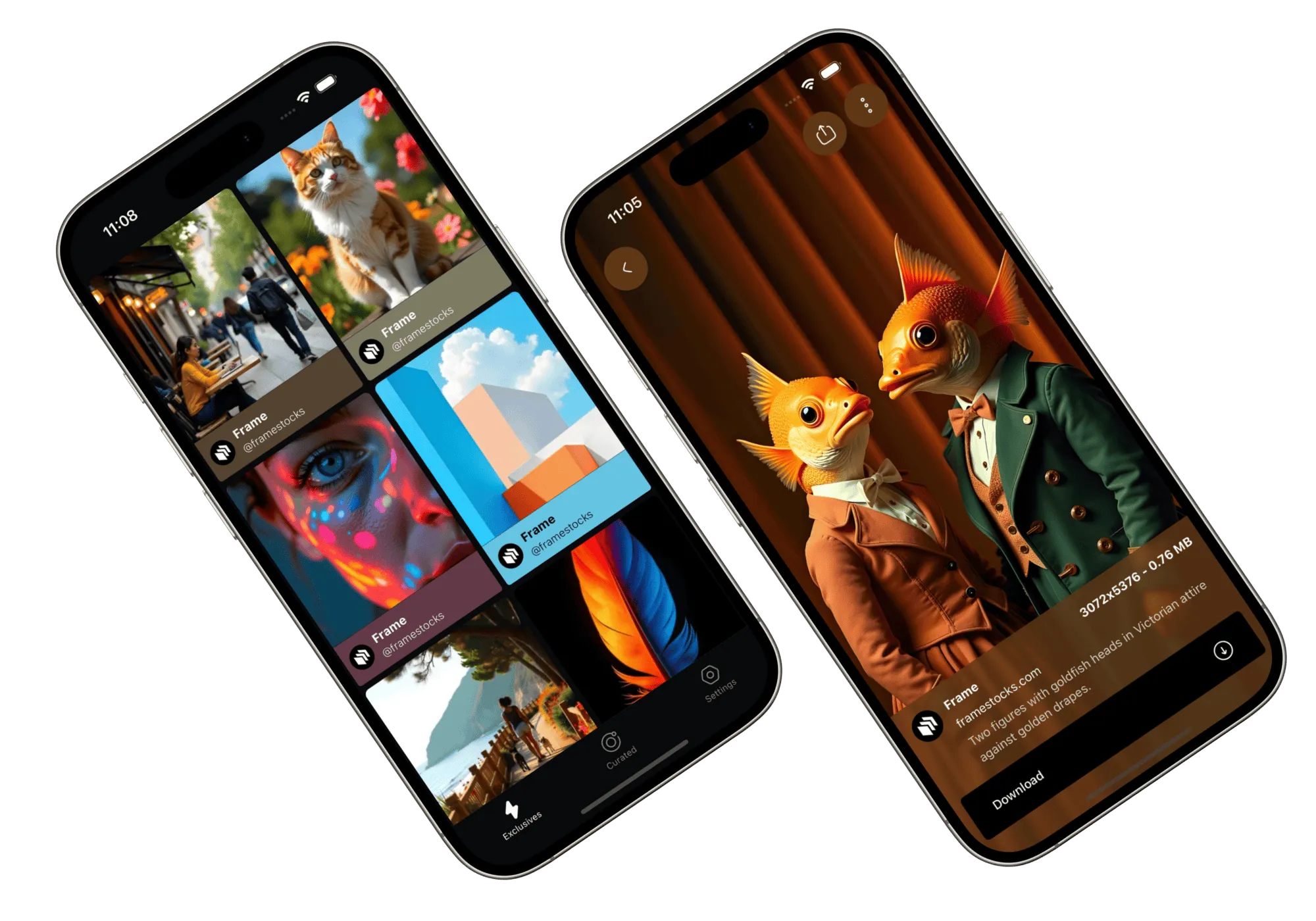 Two phones showing the Frame Stocks photo feed and a wallpaper detail screen
