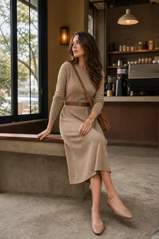 A belted camel knit dress with a crossbody bag, styled for a cafe