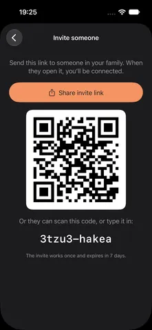 Inviting family to Voicast with a share link, QR code and short code